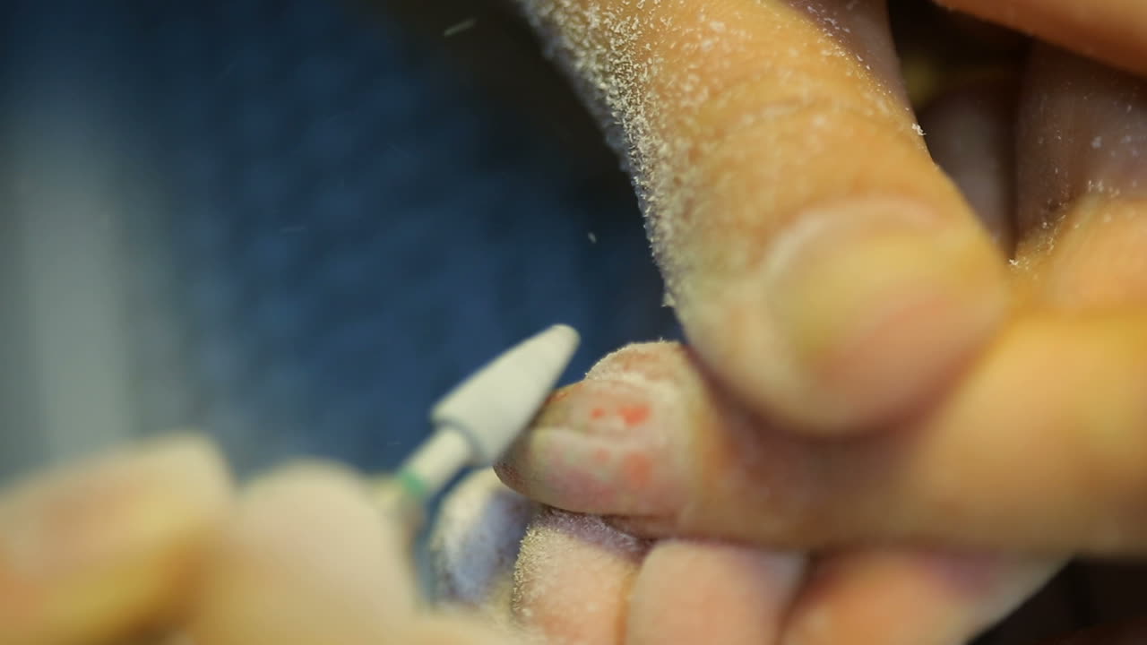 View of polishing nail. Young professional woman beautician making nails to her female client