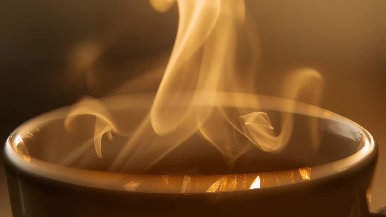 Showing glossy brown mug releasing steam from hot liquid on counter, warm backlit outlining steam