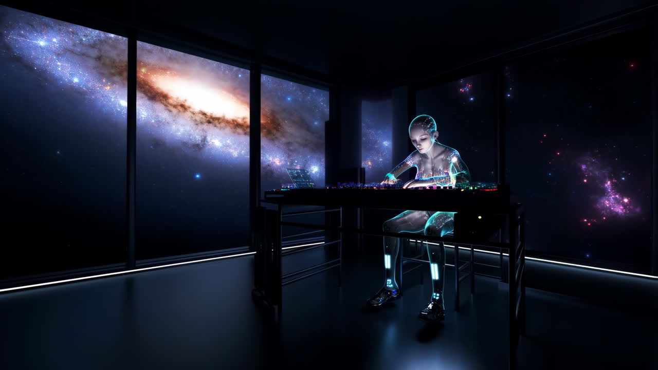 Futuristic Android Operating a Console in a Space-View Room