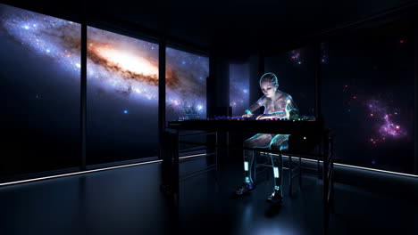 futuristic android operating a console in a space-view room