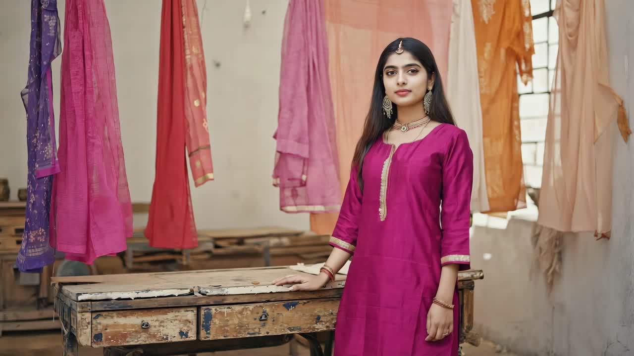 Young Indian fashion designer posing confidently in her vibrant workshop, surrounded by colorful fabrics and showcasing exquisite traditional clothing and skilled craftsmanship