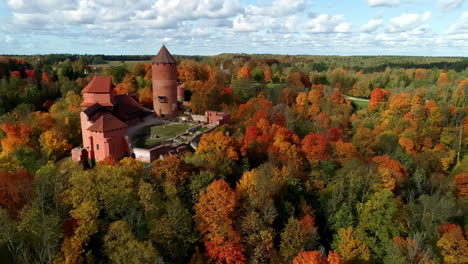 Aerial-view-of-medieval-Turaida-Castle,-Sigulda,-Latvia