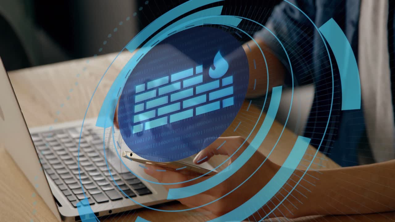 animación de un cortafuegos sobre las manos de un hombre caucásico escribiendo en una computadora portátil.