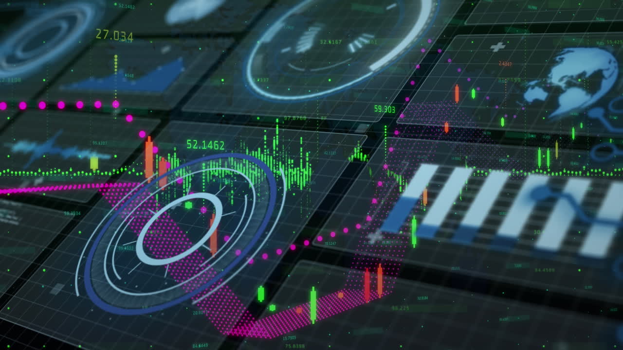 Animation of interface with financial and statistical data processing against blue background