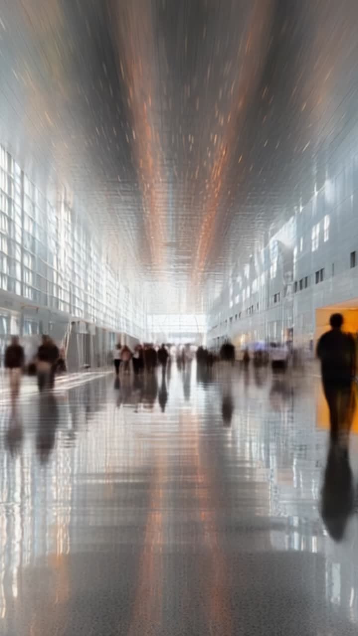 A bustling and dynamic indoor environment captures the movement of visitors with reflections on the polished floor beneath a bright, modern architectural setting