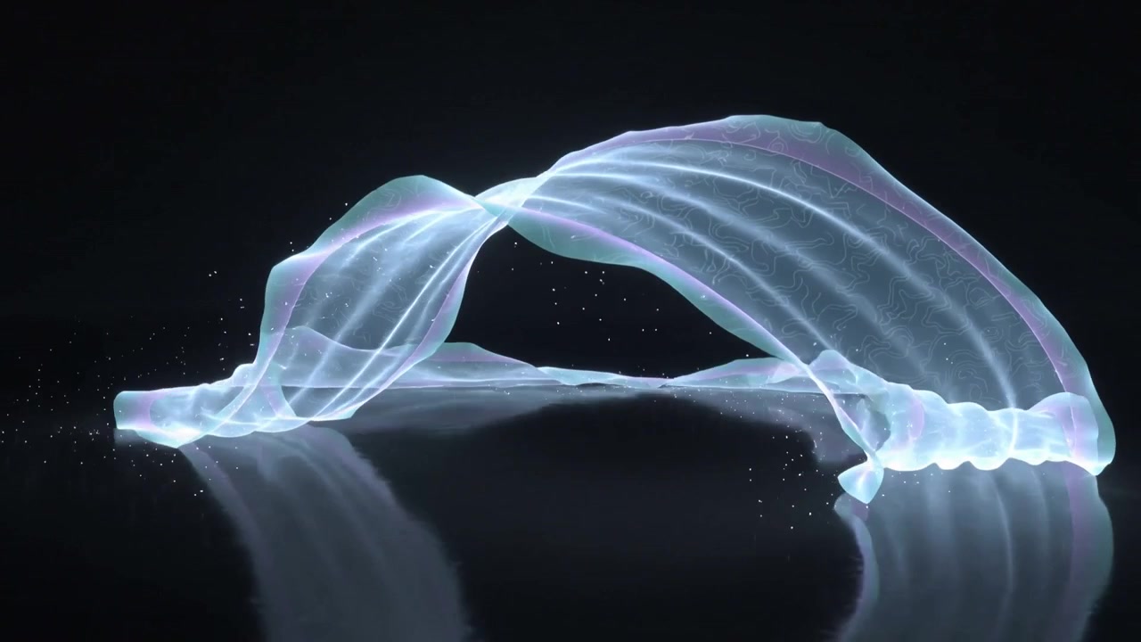 Clip starting morphing ribbon veil twisting and gliding in dark studio, forming loops with sparks