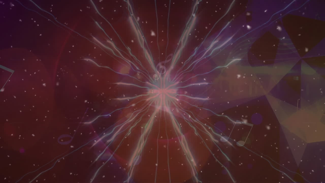 animación de senderos de luz azul y blanco con confeti que cae y manchas de luz naranja