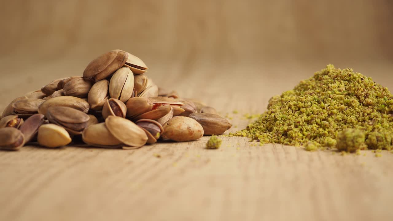 Pistacchi con guscio e granella di pistacchio su una superficie di legno.