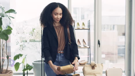 woman, shopping and thinking in handbag boutique