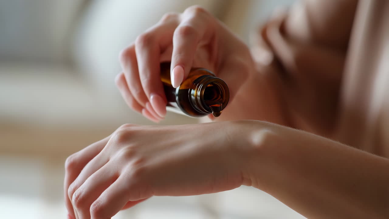 Close-up of a person applying skincare product from a dropper bottle to their hand