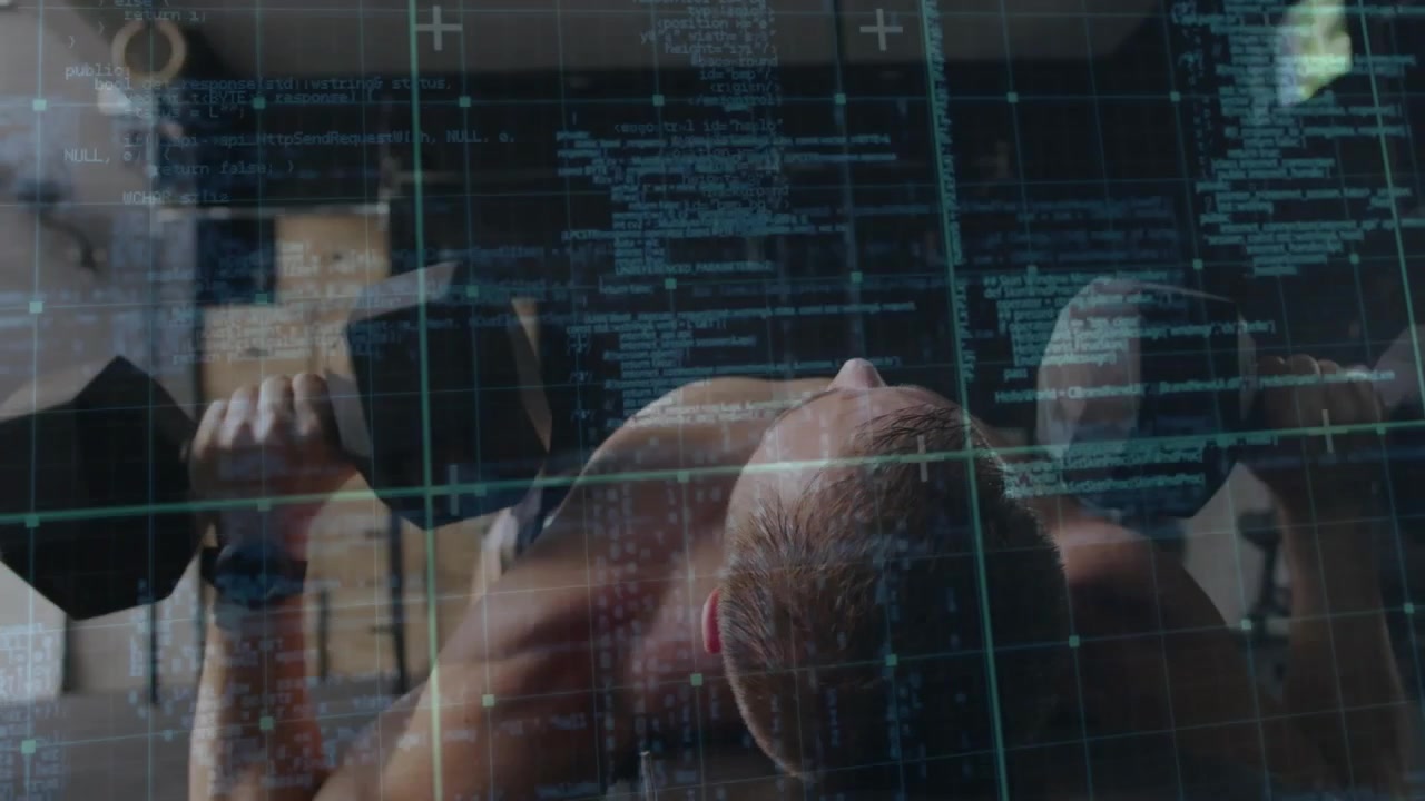 Male athlete performing dumbbell presses on bench, initiating reps while HUD tracking fitness data