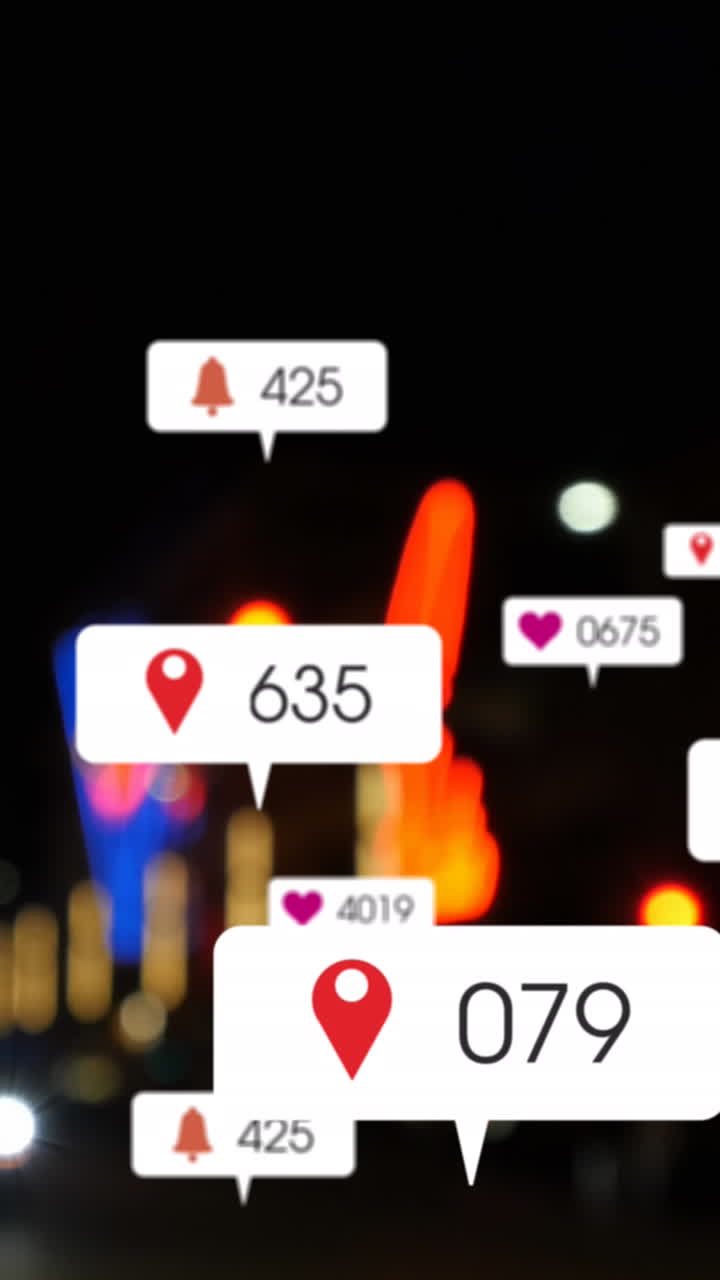 animación de iconos de redes sociales y números fuera de foco de la ciudad y las luces de los coches
