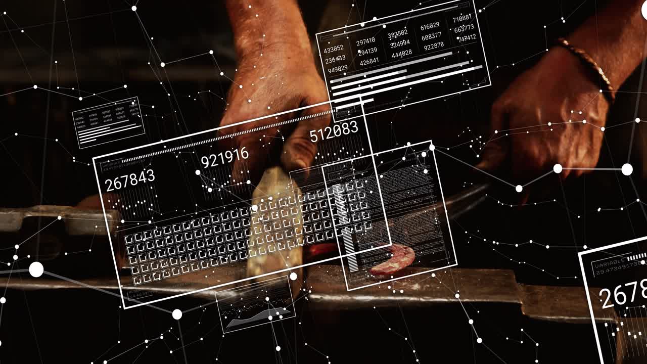Smith hands gripping glowing hot metal, hammering and forging metal while HUD panels shifting