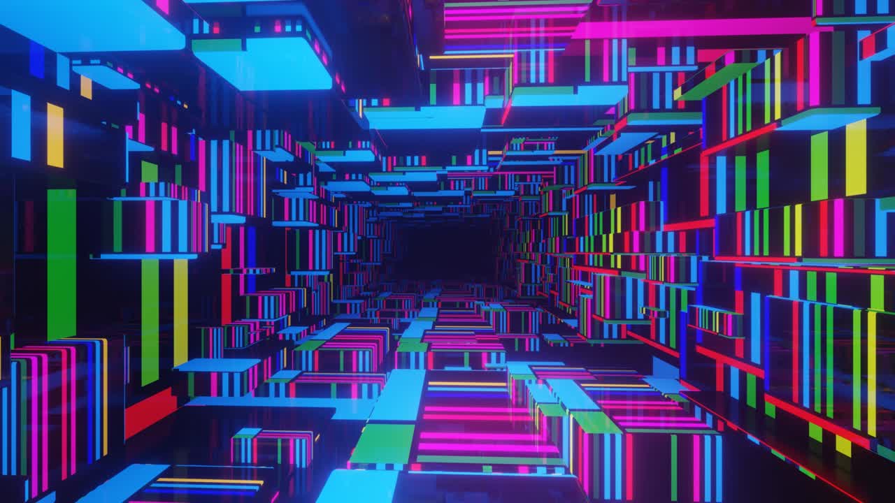 abstract neon tunnel. Hi-tech neon sci-fi tunel. Trendy neon glow lines form pattern and construction in mirror tunnel. Fly through technology cyberspace. 3d looped seamless 4k bright youth background