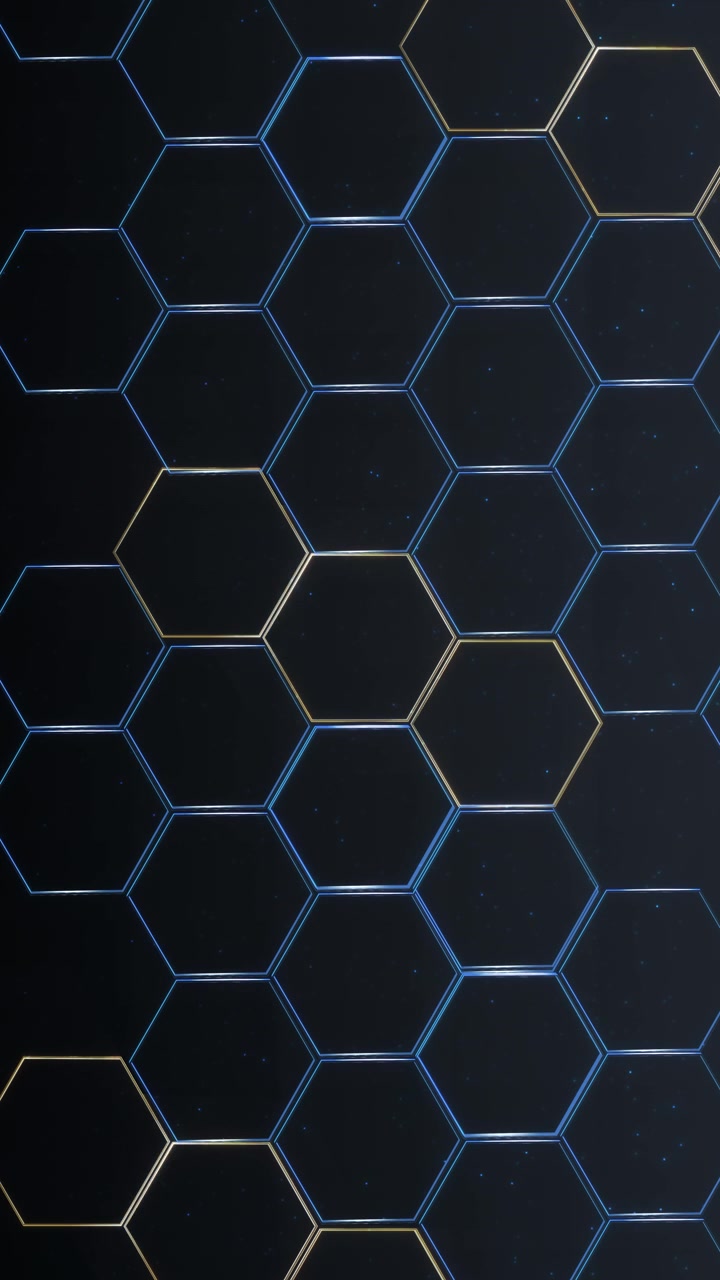 Dark hexagon grid technology background with blue and gold outlines subtle particles clean geometric