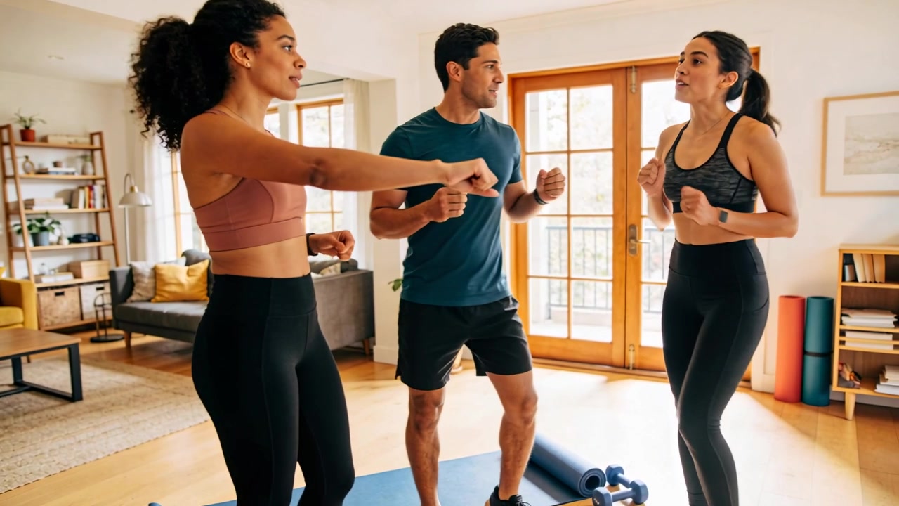 Starting warmup, three friends jogging on blue mat in sunlit living room, wearing activewear