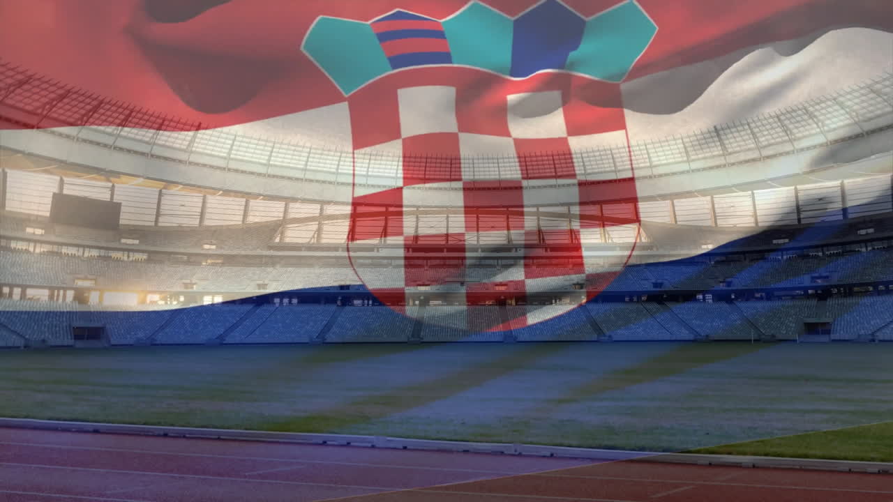 Croatian flag animation over empty stadium with red and green seats