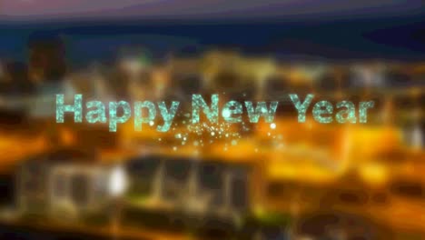 Happy-new-year-text-over-fireworks-bursting-against-aerial-view-of-night-cityscape