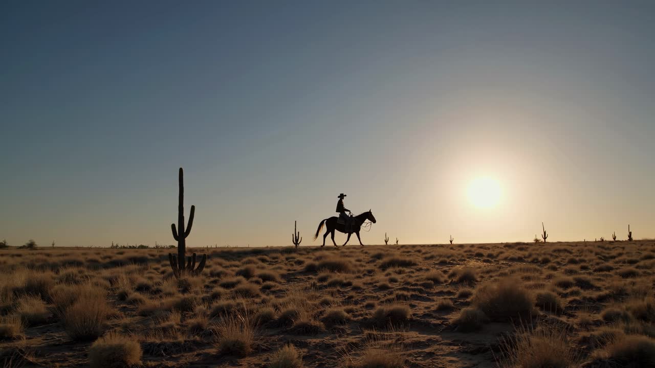 Silhouette of a cowboy on horseback in a desert at sunset, captured from a low-angle