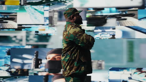 Black male veteran reviewing satellite data in a control center