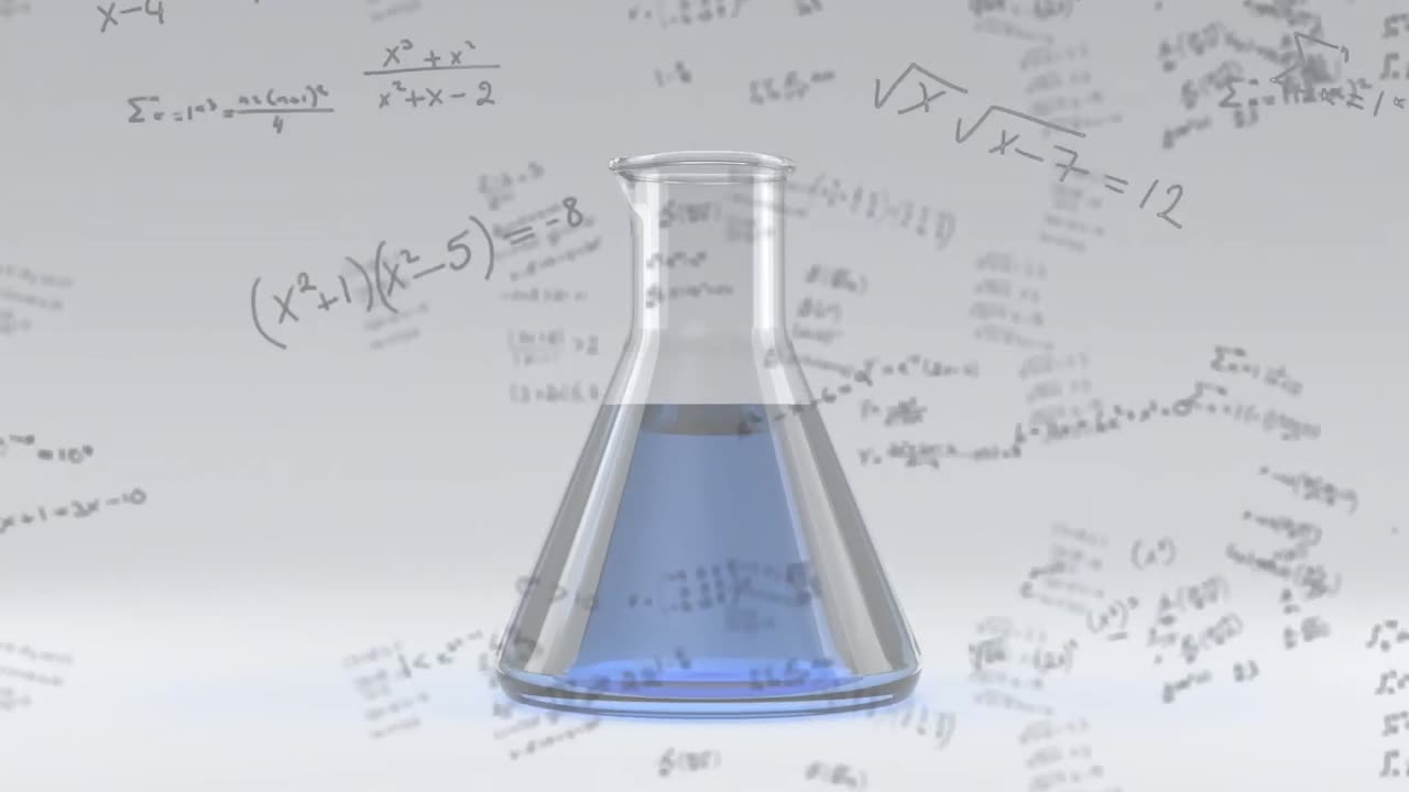 animación de ecuaciones matemáticas sobre un vaso lleno de líquido contra un fondo blanco