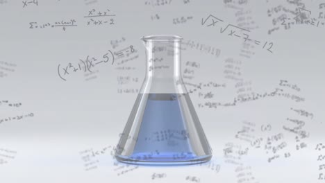 Animation-of-mathematical-equations-over-liquid-filled-beaker-against-white-background