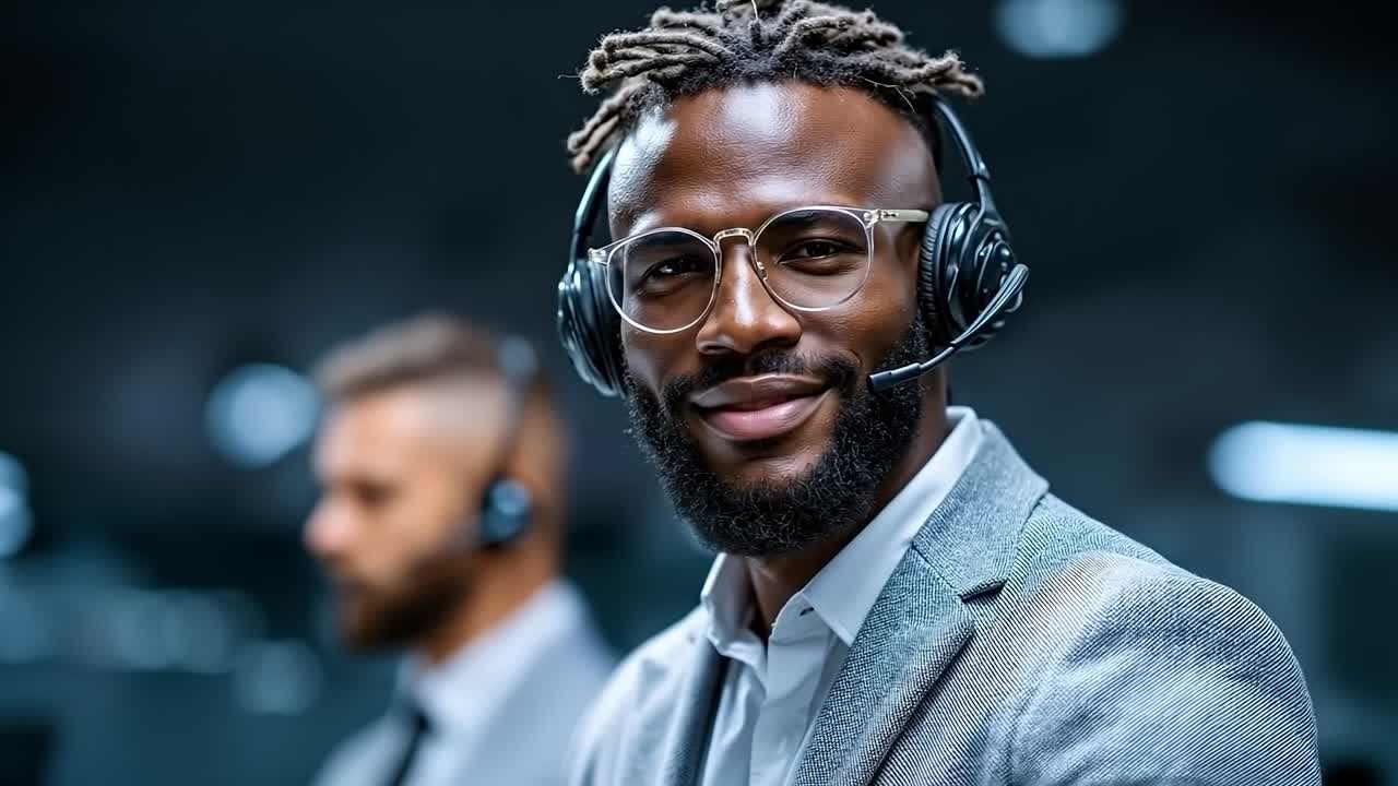 A man wearing a headset in a call center