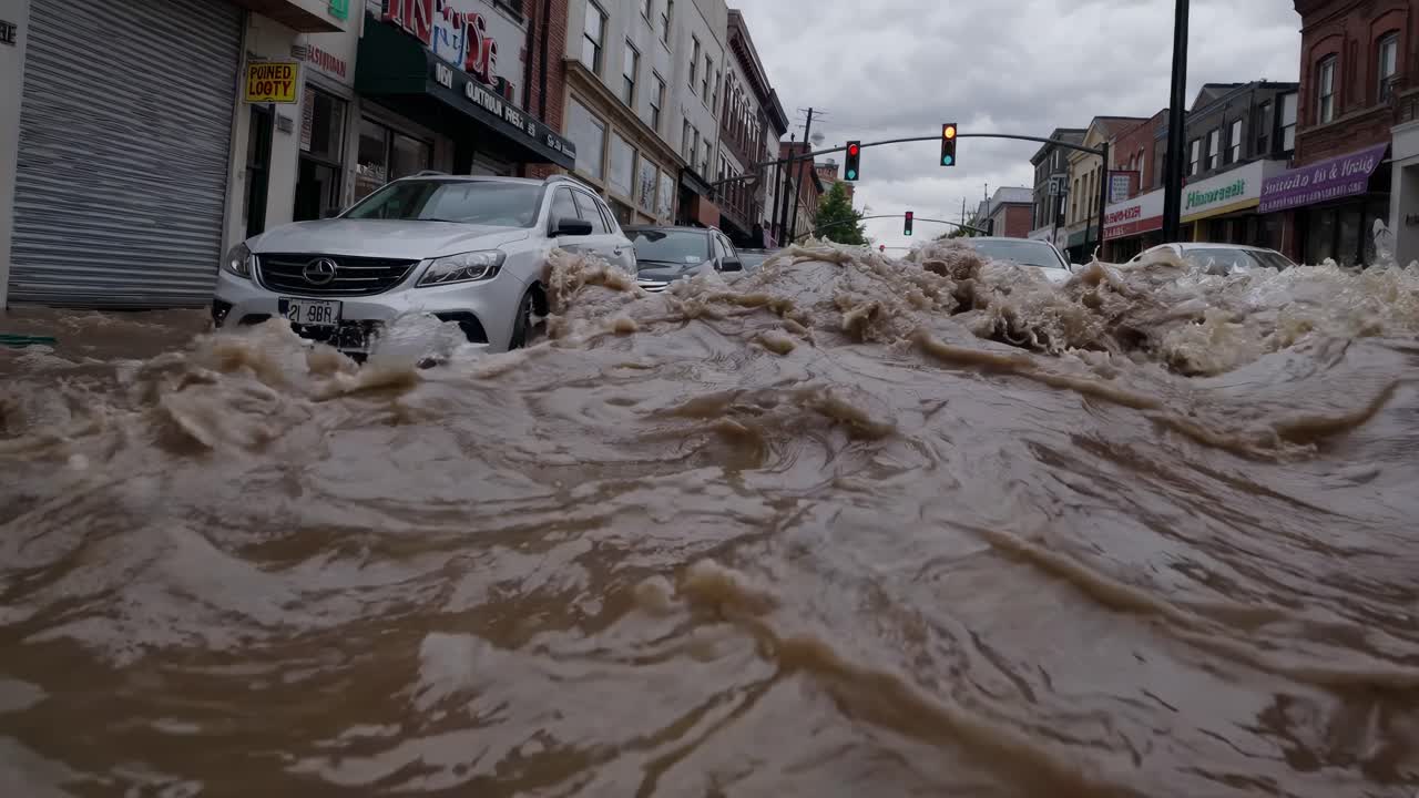 Calle inundada con coches parcialmente sumergidos en agua turbia