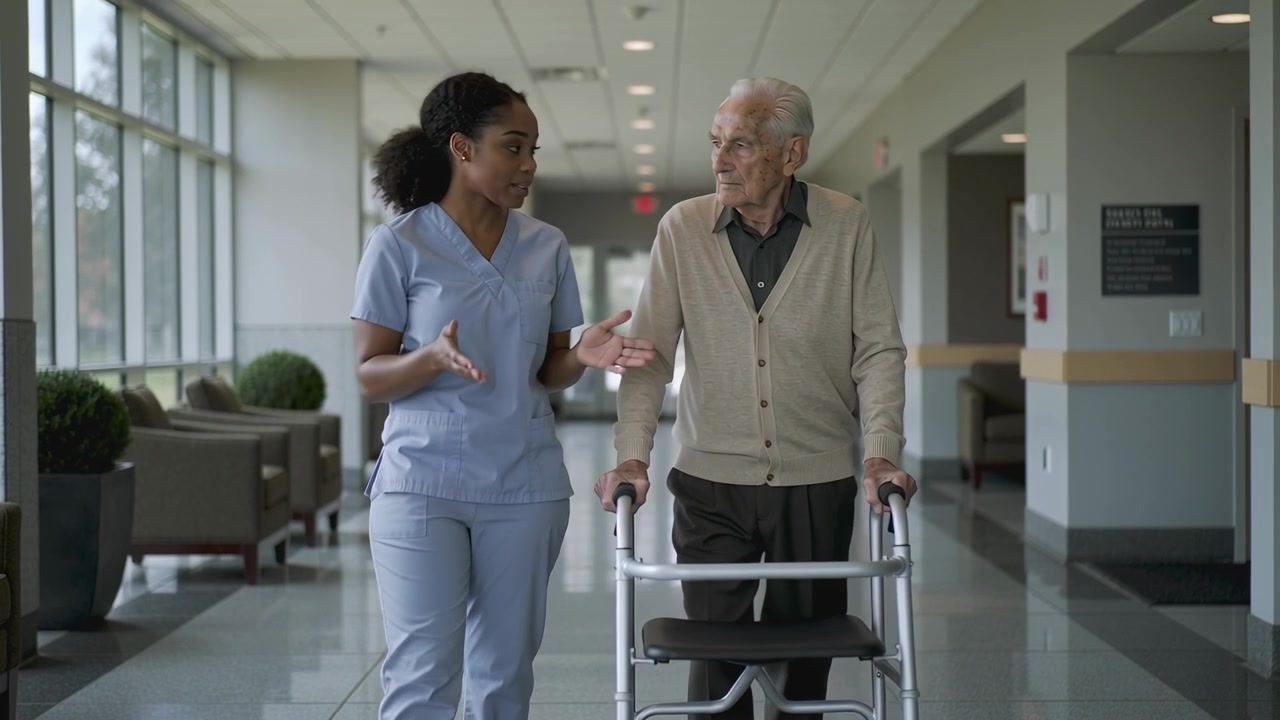 Entering hallway nurse light blue scrubs walking beside senior using walker, helping walk, talking