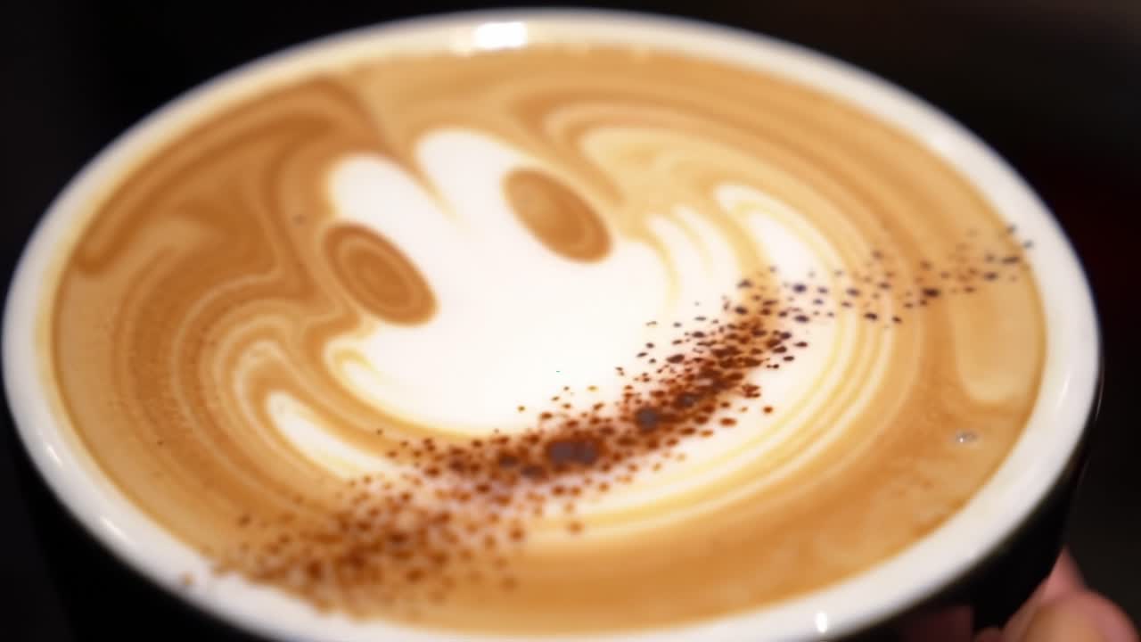Artistic Latte Creation Showcasing Smooth Milk Foam and Cocoa Powder Design Represents Joyful Character in a Coffee Cup