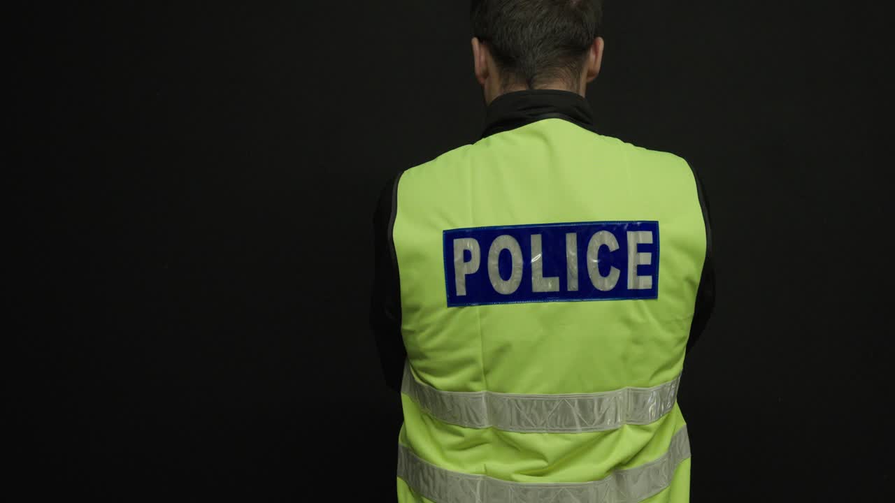 Rear view of a police officer wearing a high-visibility vest against a ...