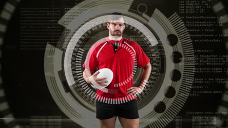 jugador de rugby profesional de pie con los brazos cruzados y datos médicos