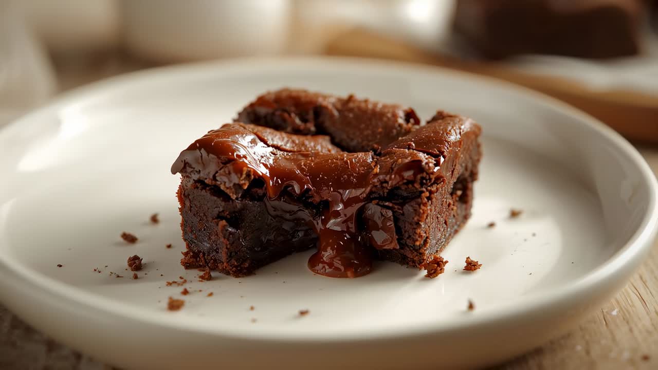 Kjølende firkantet sjokoladebrownie med smeltende midtstykke, flytende sjokolade på hvit tallerken på bordet