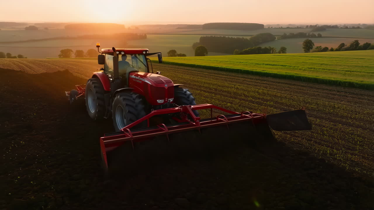 Tractor plowing field at sunset