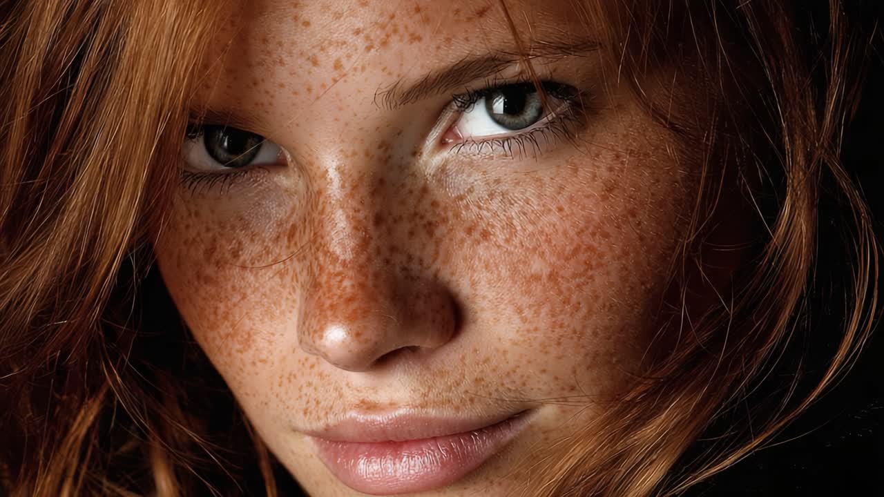 Fengslende skjønnhet: En nærbildeutstilling av en ung kvinne med fantastiske fregner og fascinerende øyne som utstråler naturlig ynde og sjarm