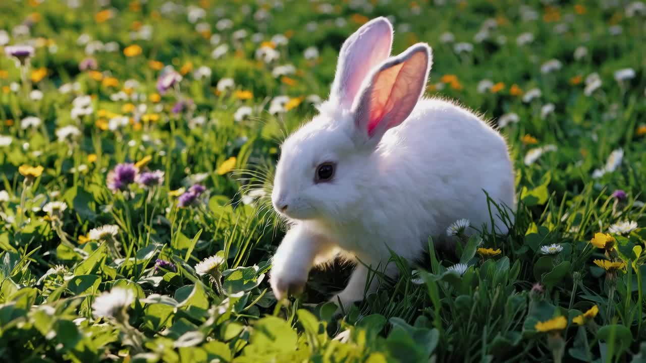A low-angle video captures a white rabbit in a vibrant meadow filled with wildflowers