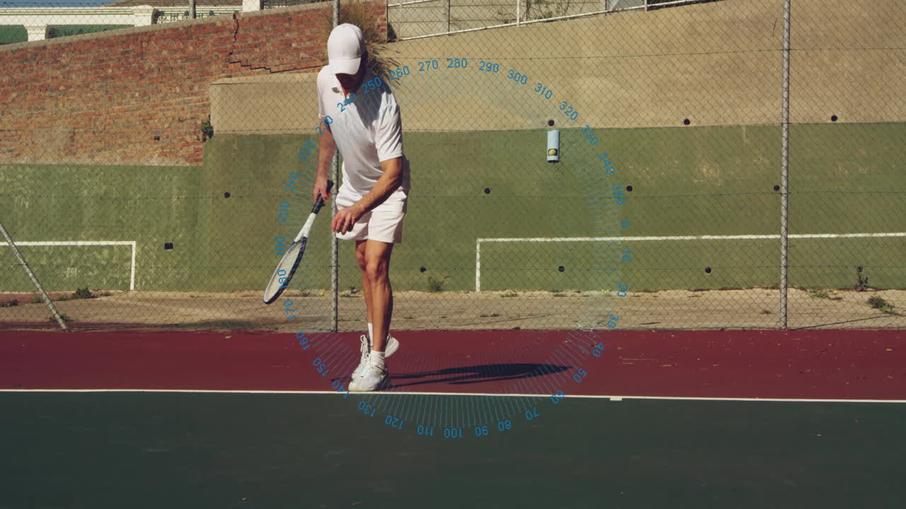 Male tennis player serving on court with animated speed chart showing serve power in sports tech