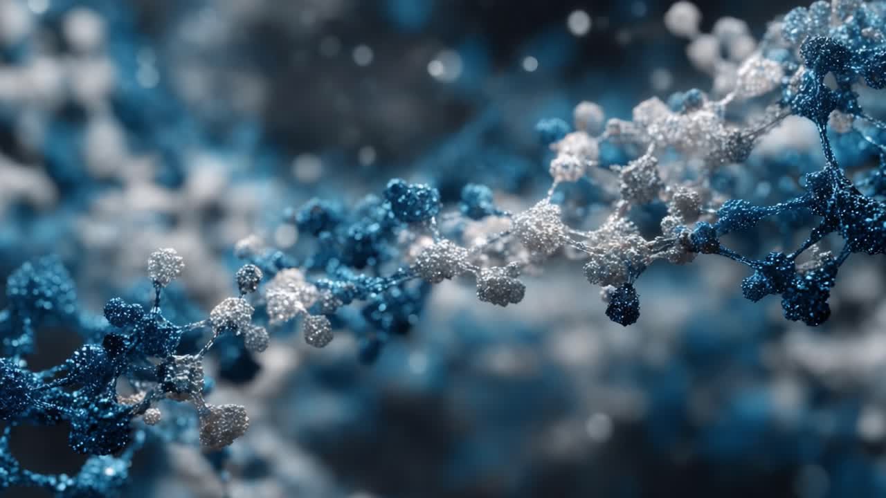 Intricate Macro View of Blue and White Molecular Structures Intertwined, Showcasing Stunning Detail in a Dynamic, Abstract Background