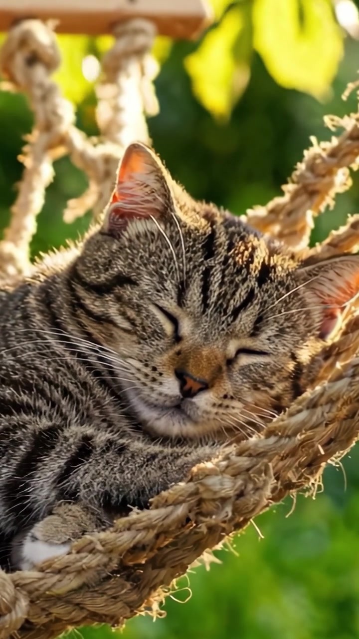 Un Gatto Rilassato si Gode un Pisolino Tranquillo in una Comoda Amaca Circondato da Vegetazione Lussureggiante, Catturando l'Essenza di Serenità e Comfort nell'Abbraccio della Natura