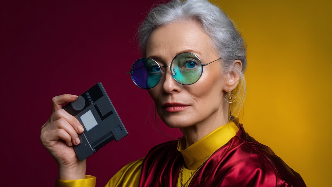 Ældre kvinde med unik stil og vintagekamera i et fantastisk farverigt portræt mod en livlig baggrund, der afspejler charme og kreativitet inden for mode og fotografi.