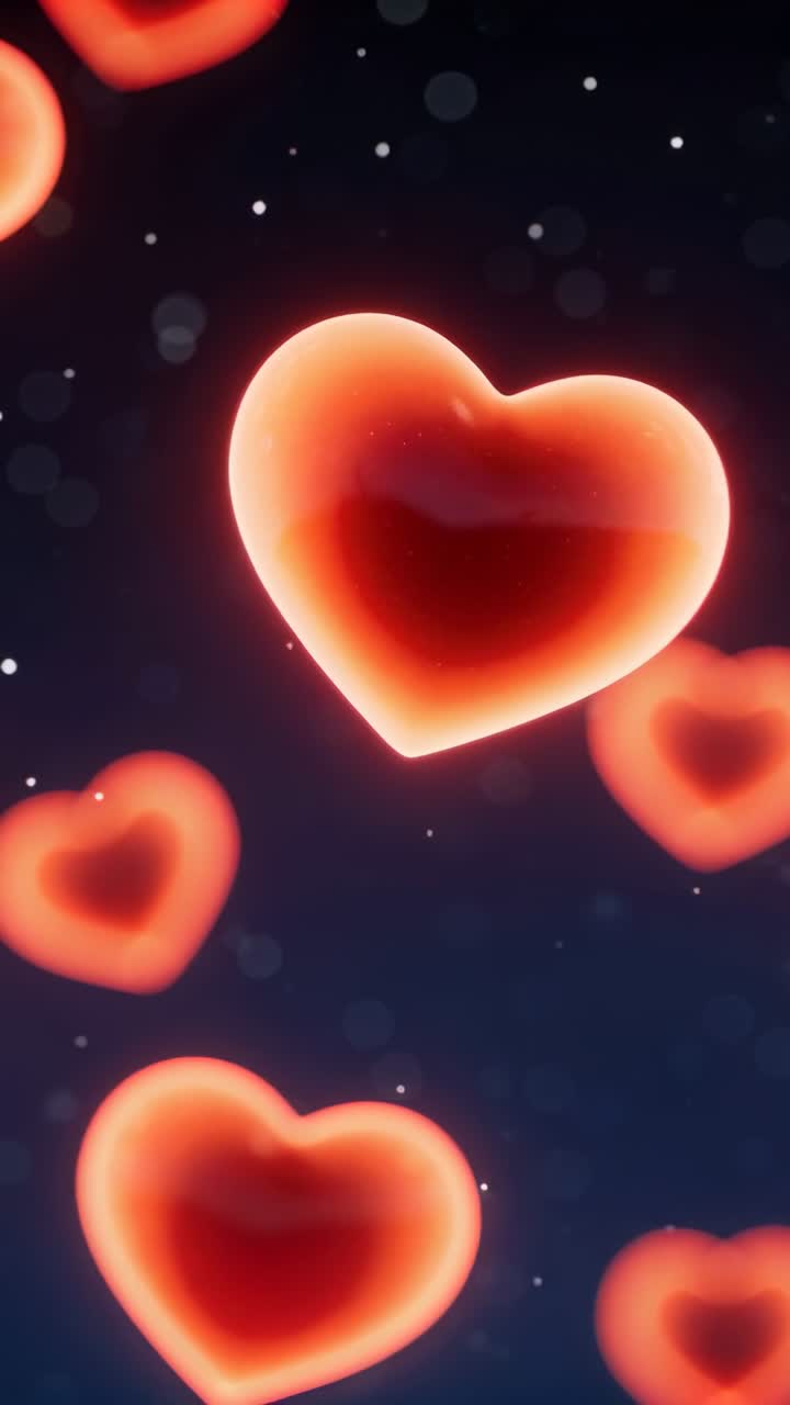 Video verticale: Loop che inizia con un cuore luminoso che pulsa e fluttua su uno sfondo scuro, con puntini per l'amore.