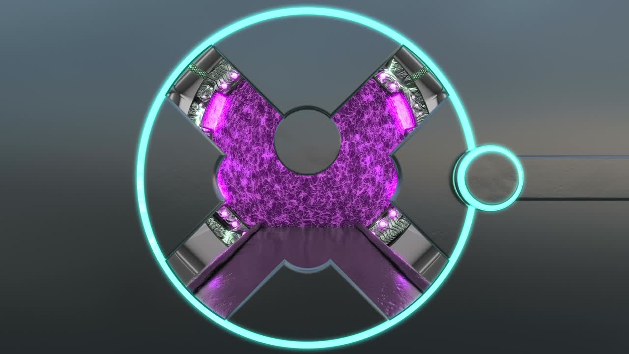 la escotilla metálica con luces de neón abre una vista panorámica a la escena del paisaje de la nave espacial. fondo abstracto 3d de corredor de ciencia ficción con portal. tecnología futurista vj abstracto para títulos tecnológicos.