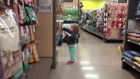 niño caminando deambulando por el pasillo de la tienda de mascotas mirando las mercancías.
