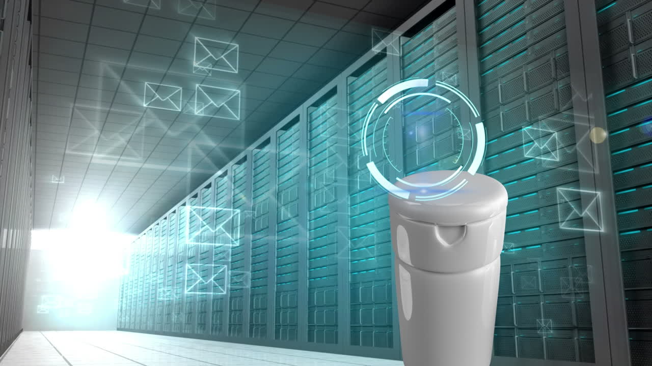 animación del escaneo del alcance y los iconos del sobre sobre el contenedor de crema y la sala de servidores