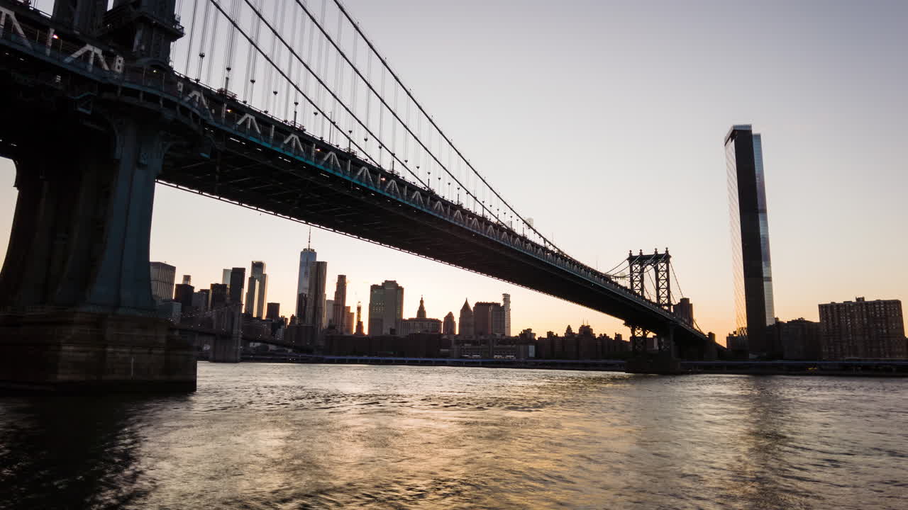Panning timlapse over NYC manhattan, Manhattan bridge, broklyn bridge and east river at sunset from the viewpoint of DUMBO Brooklyn