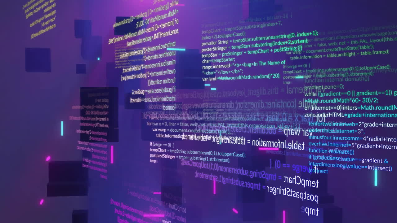 Animation of data processing over purple shapes