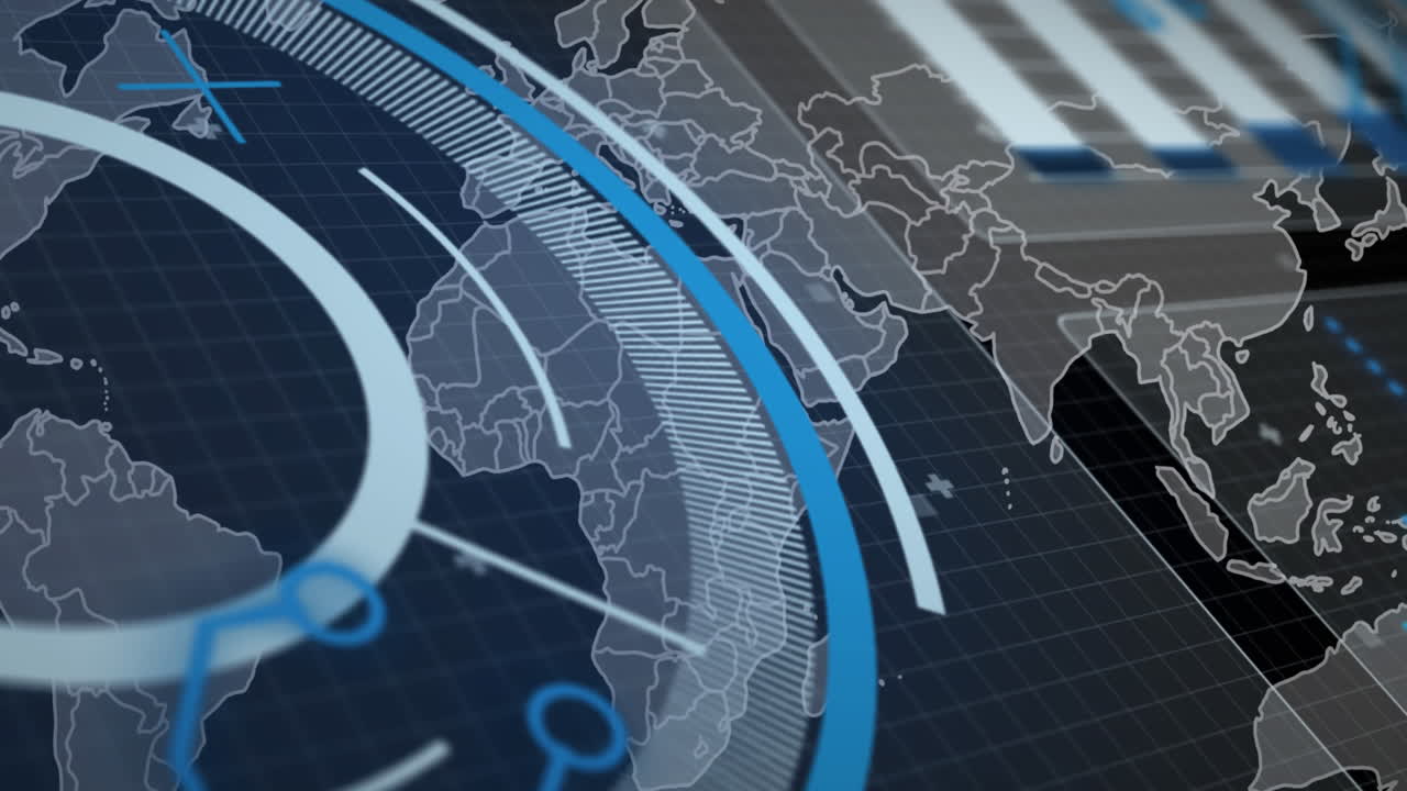animación del procesamiento de datos y el mapa del mundo sobre fondo negro