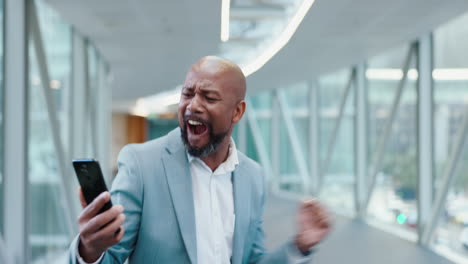 happy, winner and business with black man