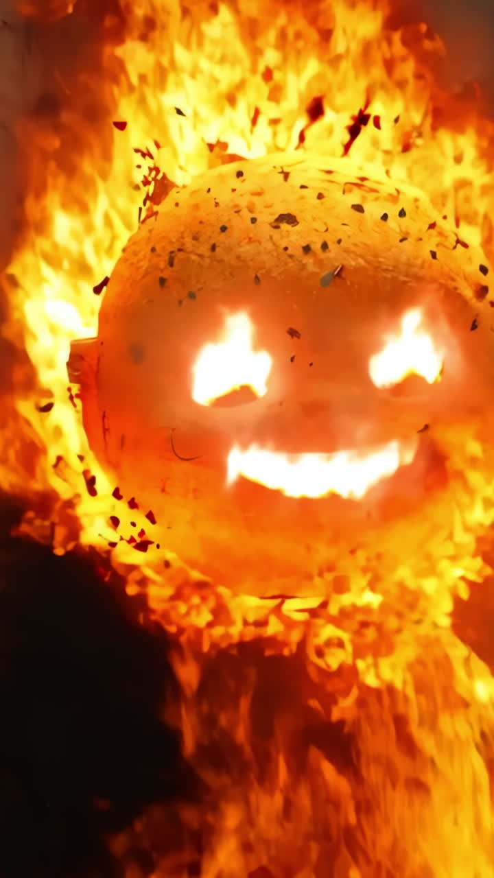 A small, smiling, orange face is surrounded by a cloud of fire. The scene is chaotic and intense, with the fire and the face creating a sense of danger and excitement