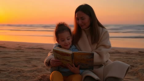 mother and daughter reading on the beach at sunset